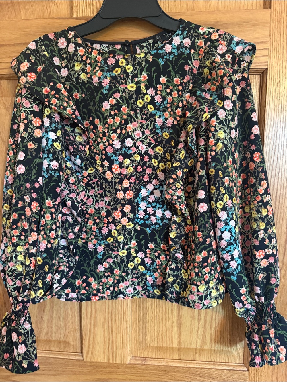 Zara Black Floral Ruffle-Front Blouse